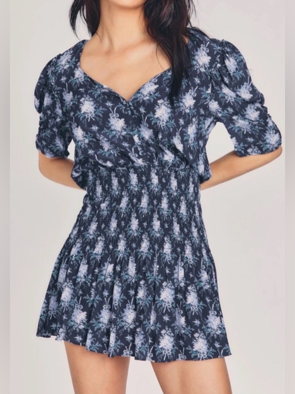 LoveShackFancy Navy Blue Floral Smocked Mini Dress